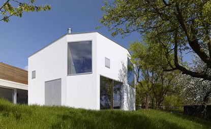White building with various windows