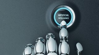 Robotic hand, presses the start button of the artificial intelligence. 3D illustration.