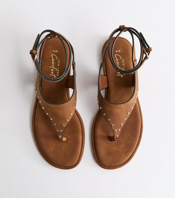 Tan Faux Suede Studded Toe Post Flat Sandals