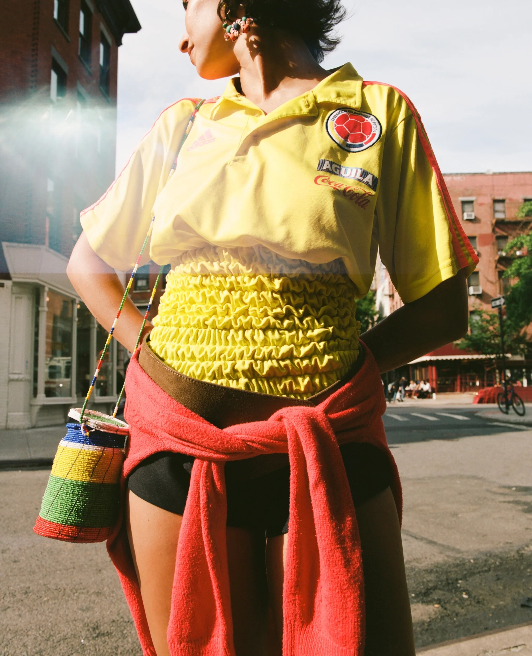 A redone Colombia jersey with a cinched waist from Cossa New York.