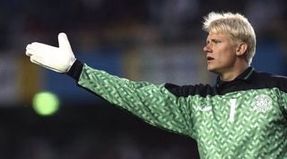Denmark goalkeeper Peter Schmeichel in action against Sweden at Euro 92.