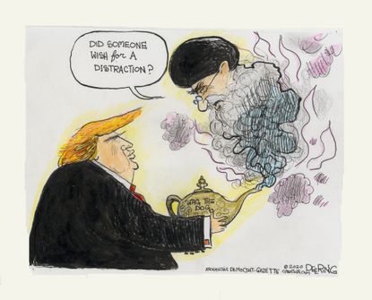 Political Cartoon U.S. Trump Rubbing Genie Lamp For Distraction Iran
