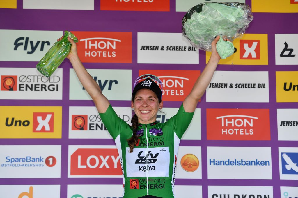 HALDEN NORWAY AUGUST 14 Alison Jackson of Canada and Team Liv Racing Xstra Green Points Jersey celebrates at podium during the 8th Tour of Scandinavia 2022 Battle Of The North Stage 6 a 1543km stage from Lillestrm to Halden UCIWWT tourofscandinavia TOSC22 on August 14 2022 in Halden Norway Photo by Luc ClaessenGetty Images