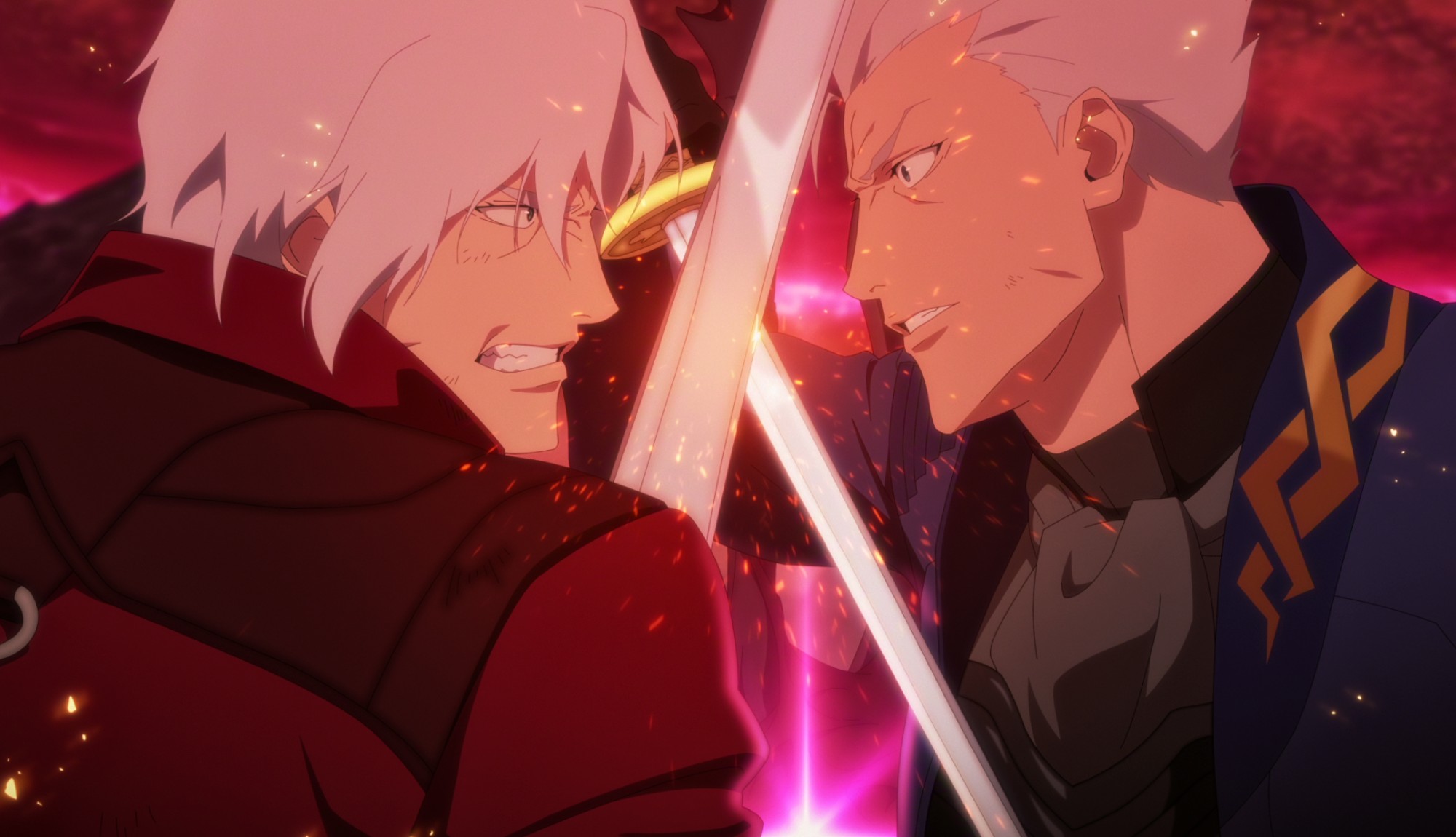 Dante (voiced by Johnny Yong Bosch) and Vergil (voiced by Robbie Daymond) in season 2 of Devil May Cry on Netflix. 