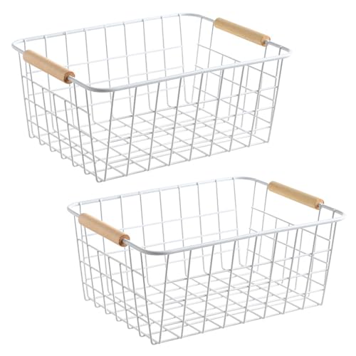 Lelecat White Wire Baskets With Wooden Handles Storage Organizer Baskets, Household Refrigerator for Cabinets, Pantry, Closets, Bedrooms, Kitchen - Set of 2（white）