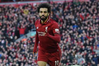 Mohamed Salah celebrates a goal for Liverpool against Bournemouth in February 2019.