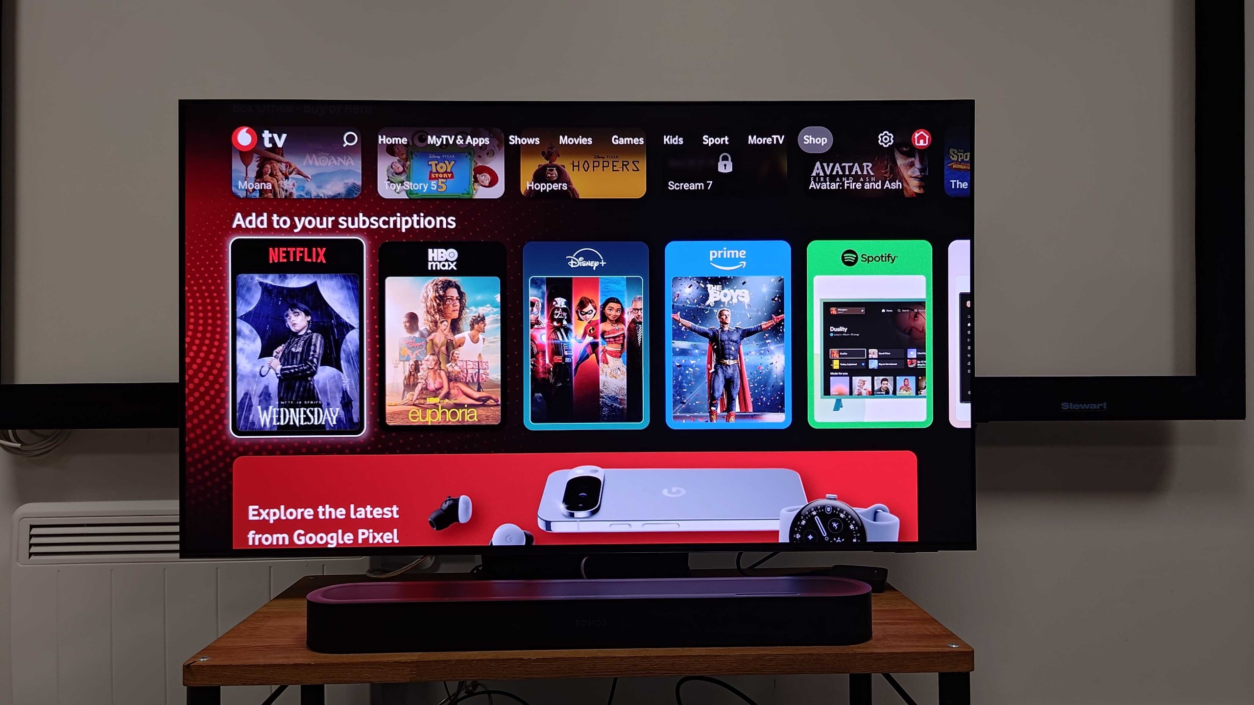 A picture of the Vodafone TV shop page, with the option to add subscriptions to Netflix, HBO Max, Disney+, Prime Video, Spotify and more