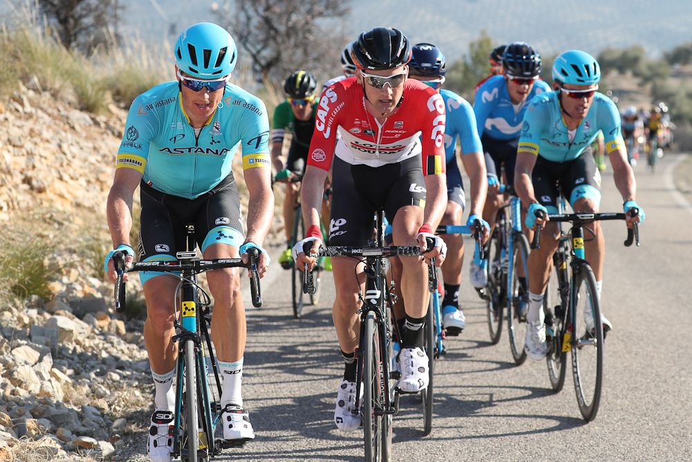 Tim Wellens (Lotto Soudal) and Jakob Fuglsang (Astana) near the end of stage 2 at Ruta del Sol
