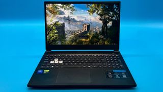 A picture of the front of the Medion Erazer Deputy 15 P1 gaming laptop with Baldur's Gate 3 on the screen