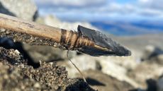 We see a wooden arrow shaft with a black point on a mountainous landscape
