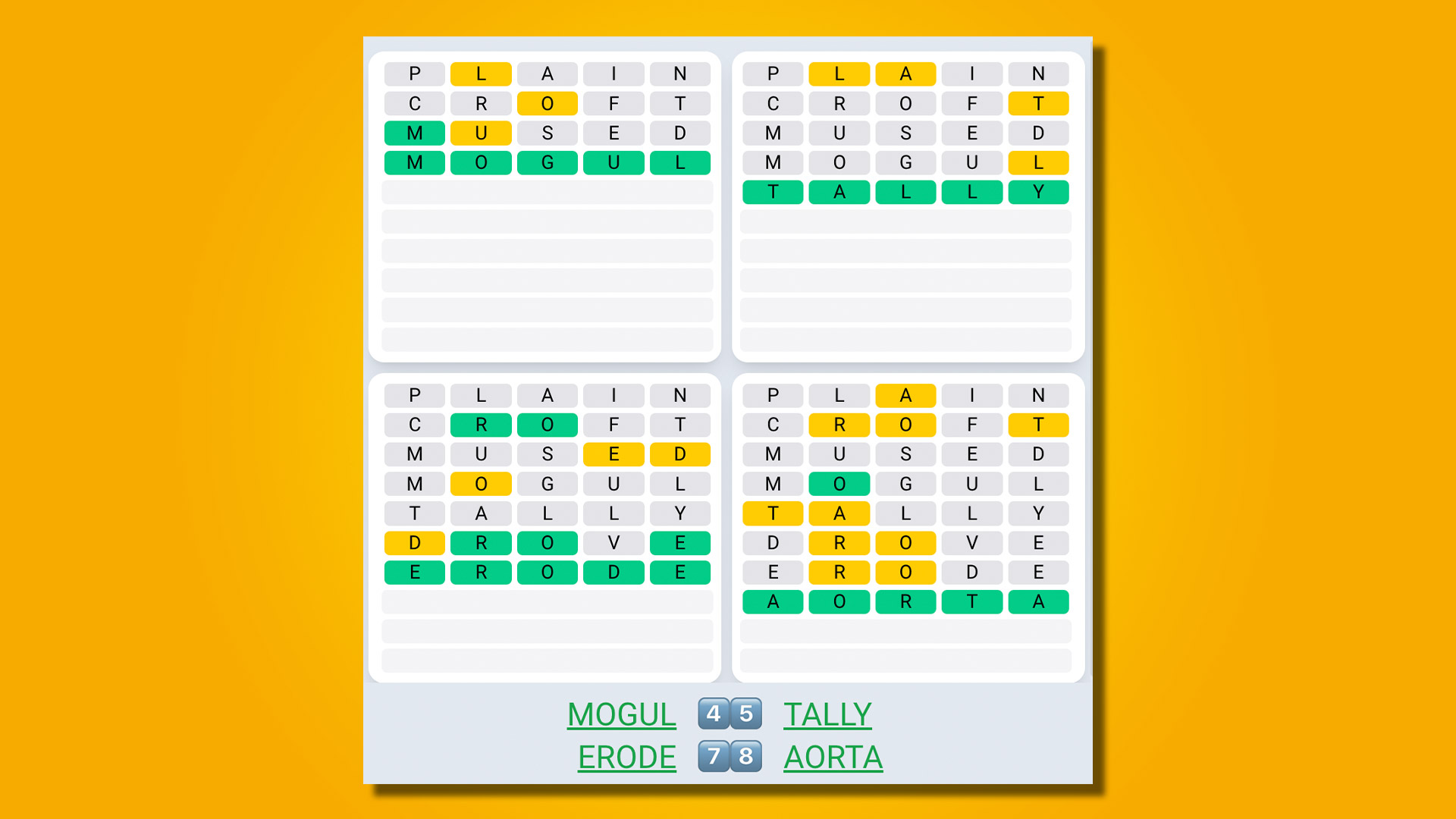 Quordle Daily Sequence answers for game 509 on a yellow background