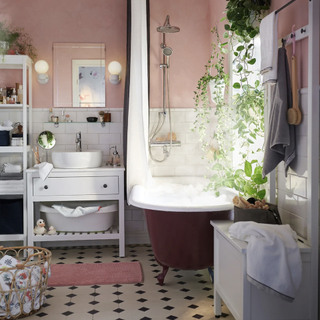 bathroom vanity in space with pink walls by ikea