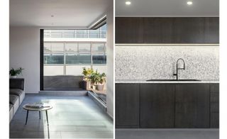 Florfield Road Penthouse by Common Ground Workshop side by side images. Left: A floor to ceiling window leading to a balcony with plants. Right: A kitchen with dark coloured cupboards.