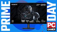 The Gigabyte MO27Q28GR gaming monitor floats in the funky PC G Prime Day deal void.