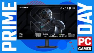 The Gigabyte MO27Q28GR gaming monitor floats in the funky PC G Prime Day deal void.