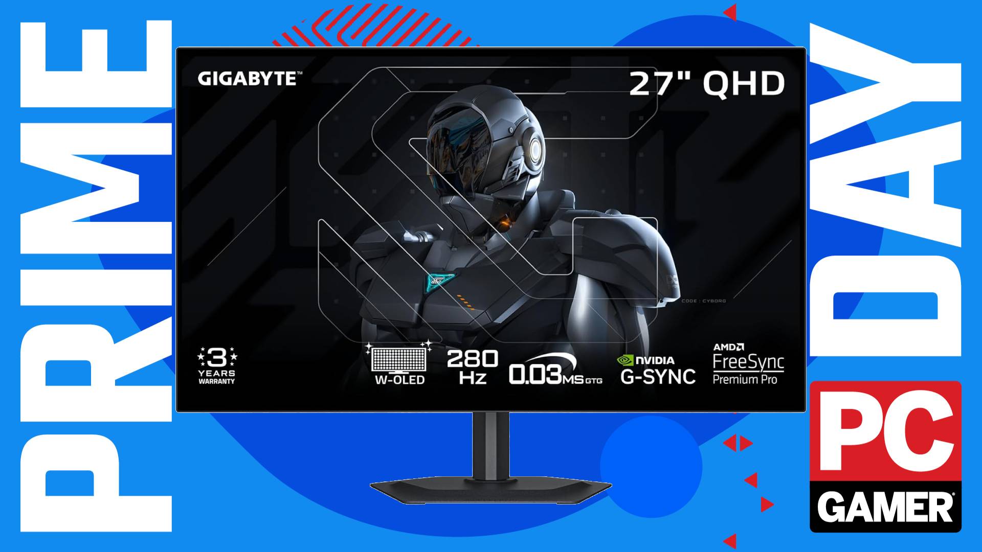 The Gigabyte MO27Q28GR gaming monitor floats in the funky PC G Prime Day deal void.