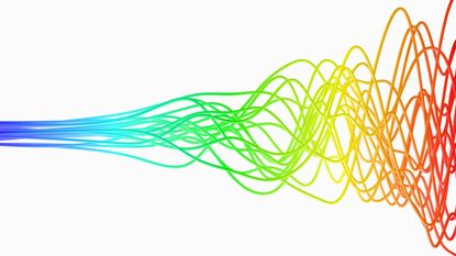 Blue, orderly lines converge into a tangle of multi-colored strands, demonstrating the concept of entropy, or moving from order to disorder.