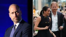 A composite image of Prince William (L) taken at the Olympia Exhibition Centre on June 10, 2026 with Prince Harry and Meghan Markle (R) arriving in Australia in April 2026