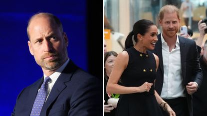 A composite image of Prince William (L) taken at the Olympia Exhibition Centre on June 10, 2026 with Prince Harry and Meghan Markle (R) arriving in Australia in April 2026