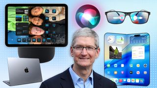 Render of Apple Glasses, HomePod with touchscreen, Siri icon, Tim Cook, MacBook Air and render of a folding iPhone.