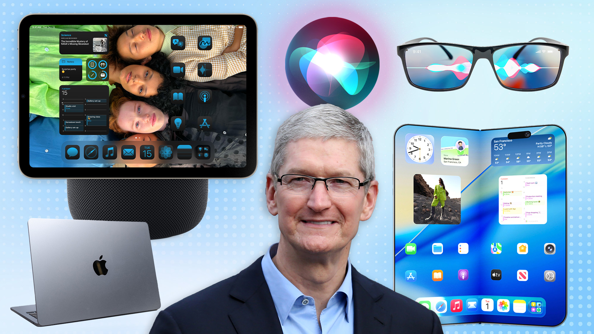 Render of Apple Glasses, HomePod with touchscreen, Siri icon, Tim Cook, MacBook Air and render of a folding iPhone.