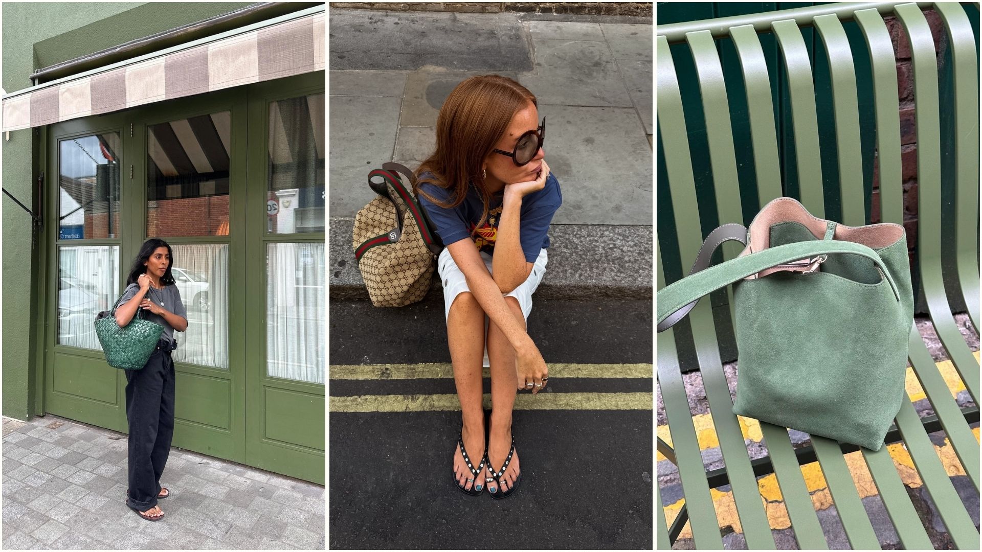 A collage of creators wearing forest green fashion accessories