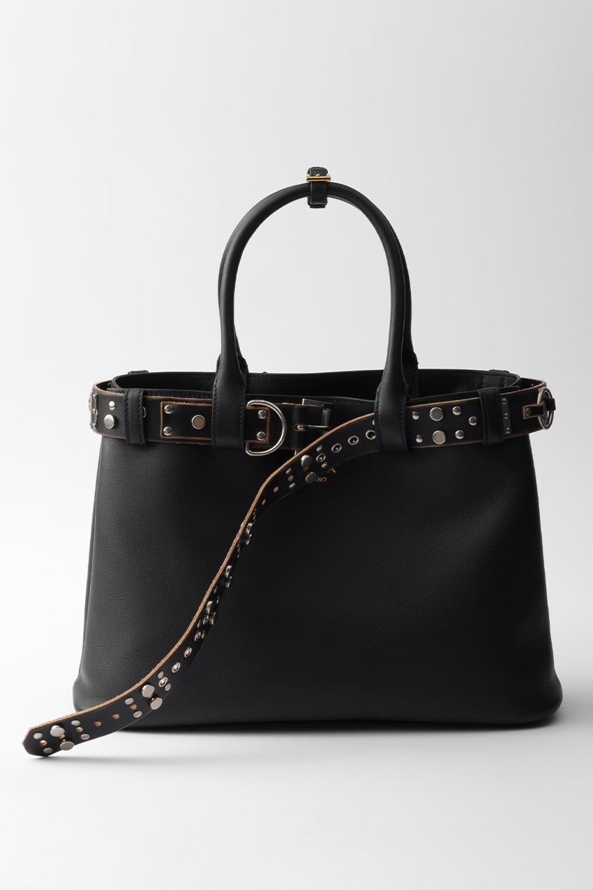 Buckle Large Leather Bag With Studded Belt