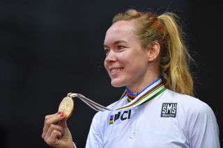 Anna van der Breggen with her gold medal