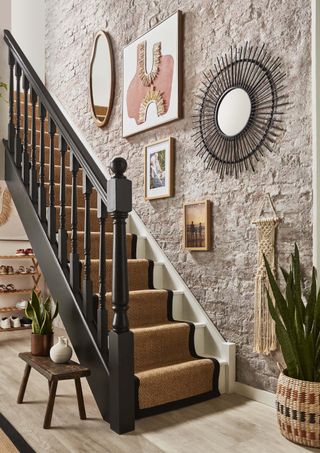 modern staircase with brown stair runner