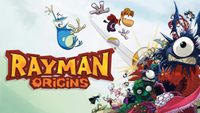 Rayman Origins promotional artwork featuring Rayman and Globox above the game logo, with a colorful collection of enemies and creatures from the Glade of Dreams on the right.