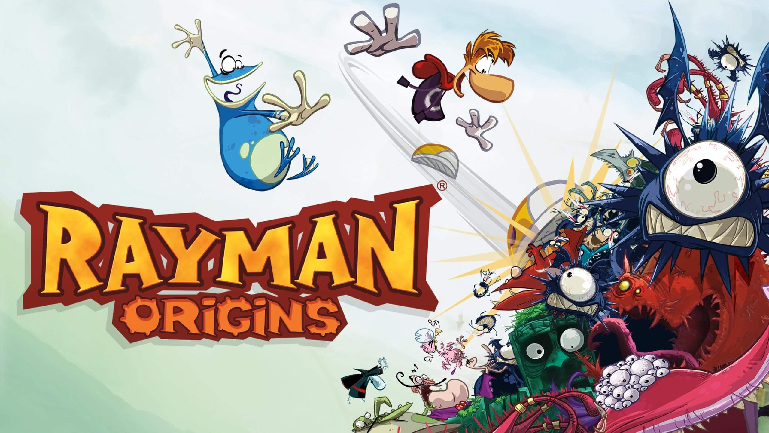 Rayman Origins promotional artwork featuring Rayman and Globox above the game logo, with a colorful collection of enemies and creatures from the Glade of Dreams on the right.