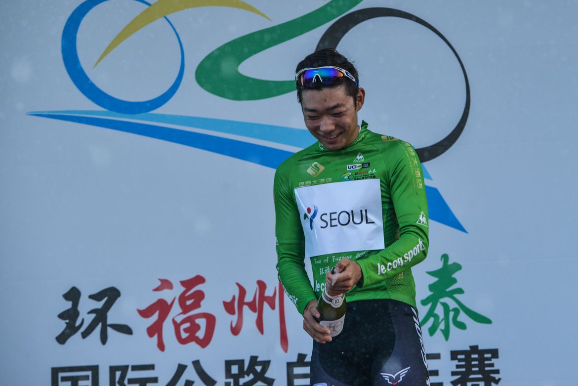 Kim Okcheol wears the green jersey after stage 2 of the 2016 Tour of Fuzhou