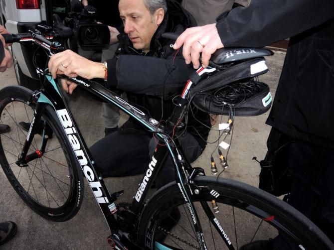 Bianchi's test team installing sensors to measure vibration
