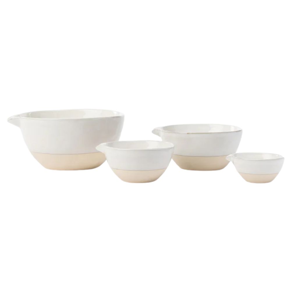 Two-tone white and cream ceramic mixing bowls