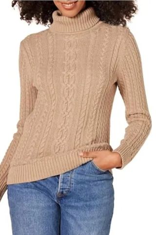 Amazon Essentials Women's Fisherman Cable Turtleneck Sweater (available in Plus Size), Camel Heather, X-Small