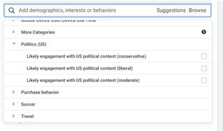 A screen grab of the part of the Facebook Ad Manager tool that targets audience by political affiliation.