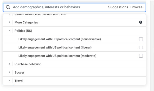 A screen grab of the part of the Facebook Ad Manager tool that targets audience by political affiliation.