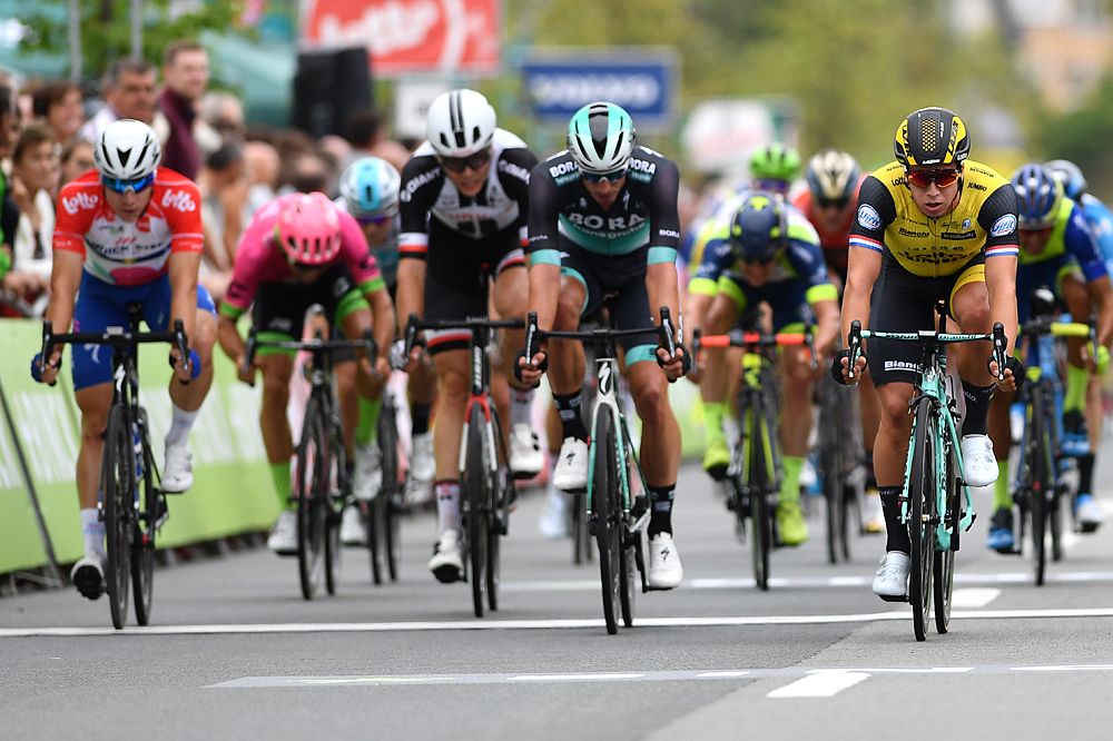 The sprint for 6th place: Fabio Jakobsen of Netherlands and Team Quick Step Floors / Rudiger Selig of Germany and Team Bora-Hansgrohe / Dylan Groenewegen of Netherlands and Team Lotto Nl - Jumbo