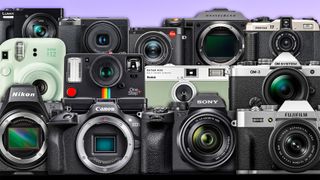 Collection of various cameras on a purple gradient 