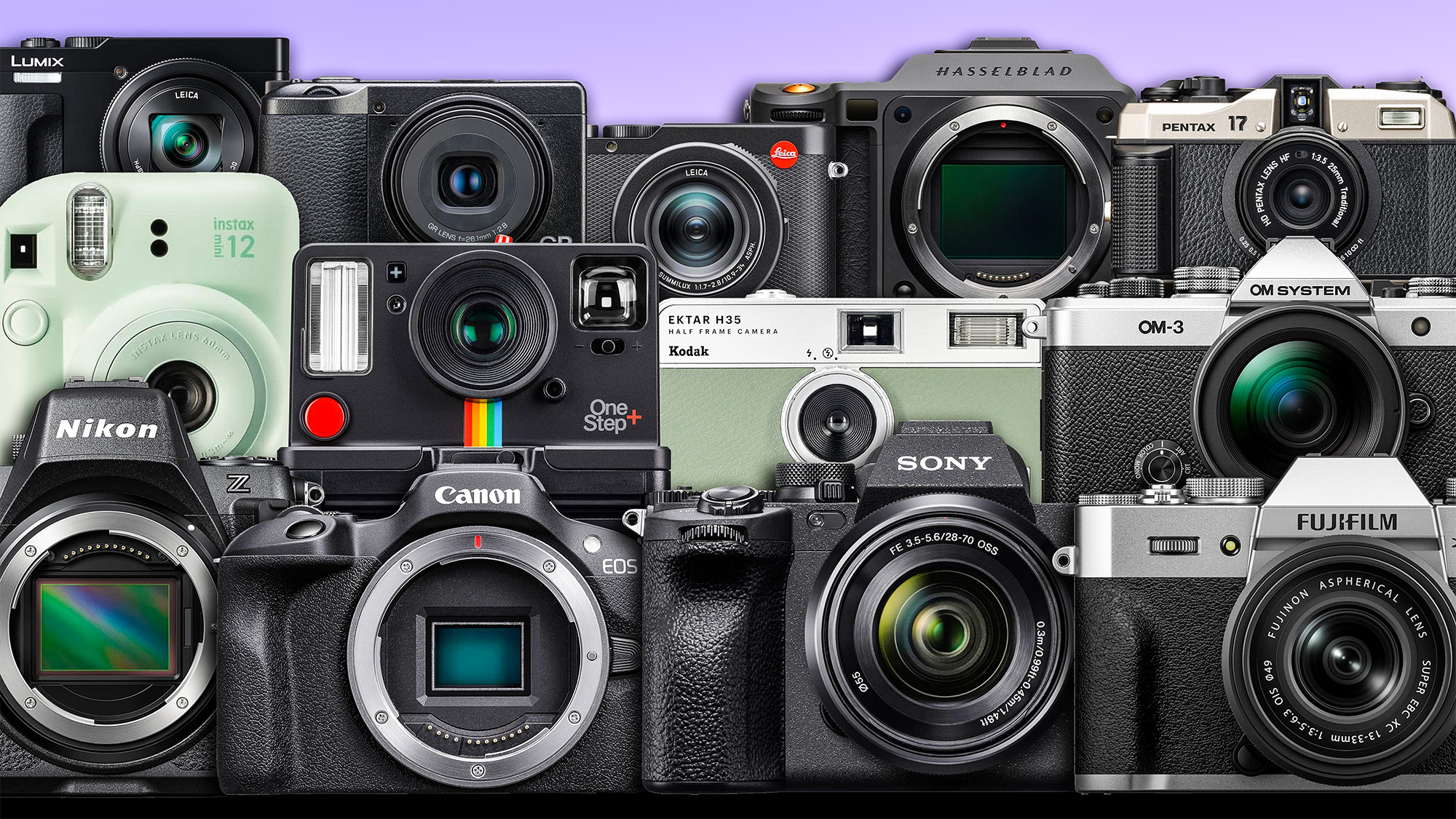 Collection of various cameras on a purple gradient 