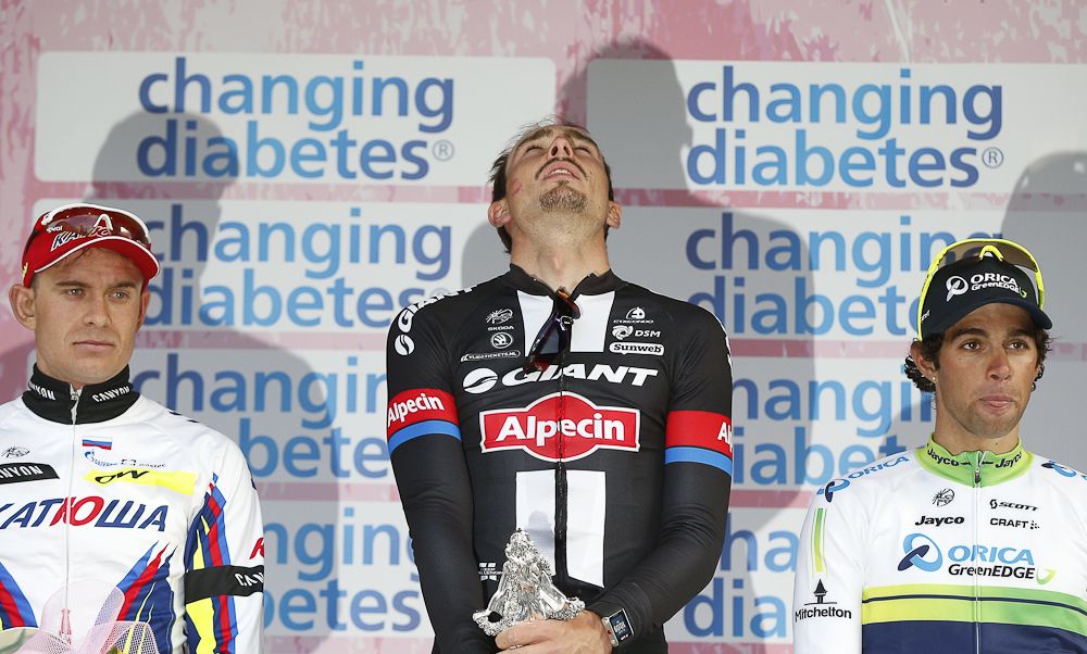 The moment of John Degenkolb's first monument victory at the 2015 Milan-San Remo sinks in for the Giant-Alpecin rider. Runner-up Alexander Kristoff and tird-placed Michael Matthews shared the podium