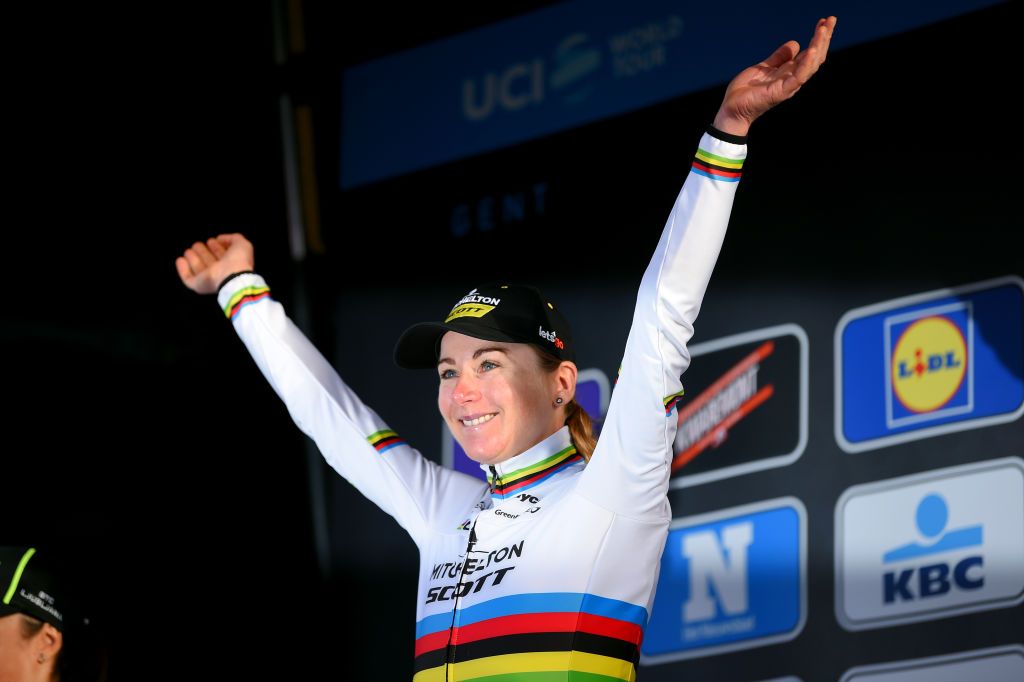 NINOVE BELGIUM FEBRUARY 29 Podium Annemiek Van Vleuten of The Netherlands and Team MitcheltonSCOTT World Champion Jersey Celebration during the 75th Omloop Het Nieuwsblad 2020 Women Race a 1229km race from Ghent to Ninove OmloopHNB OHN20 OHNwomen on February 29 2020 in Ninove Belgium Photo by Luc ClaessenGetty Images