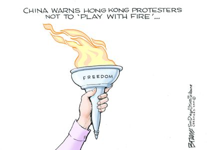 Political Cartoon U.S. Hong Kong Protests Playing With Fire of Freedom