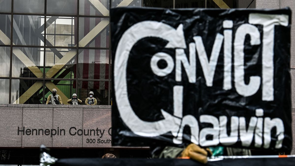 Members of the National Guard and other law enforcement officers stand outside the Hennepin County Government Center as the verdict is announced in the trial of former police officer Derek Chauvin in Minneapolis, Minnesota on April 20, 2021.