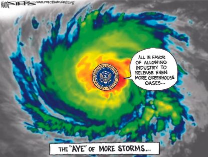 Political cartoon U.S. Trump hurricane Florence methane emissions