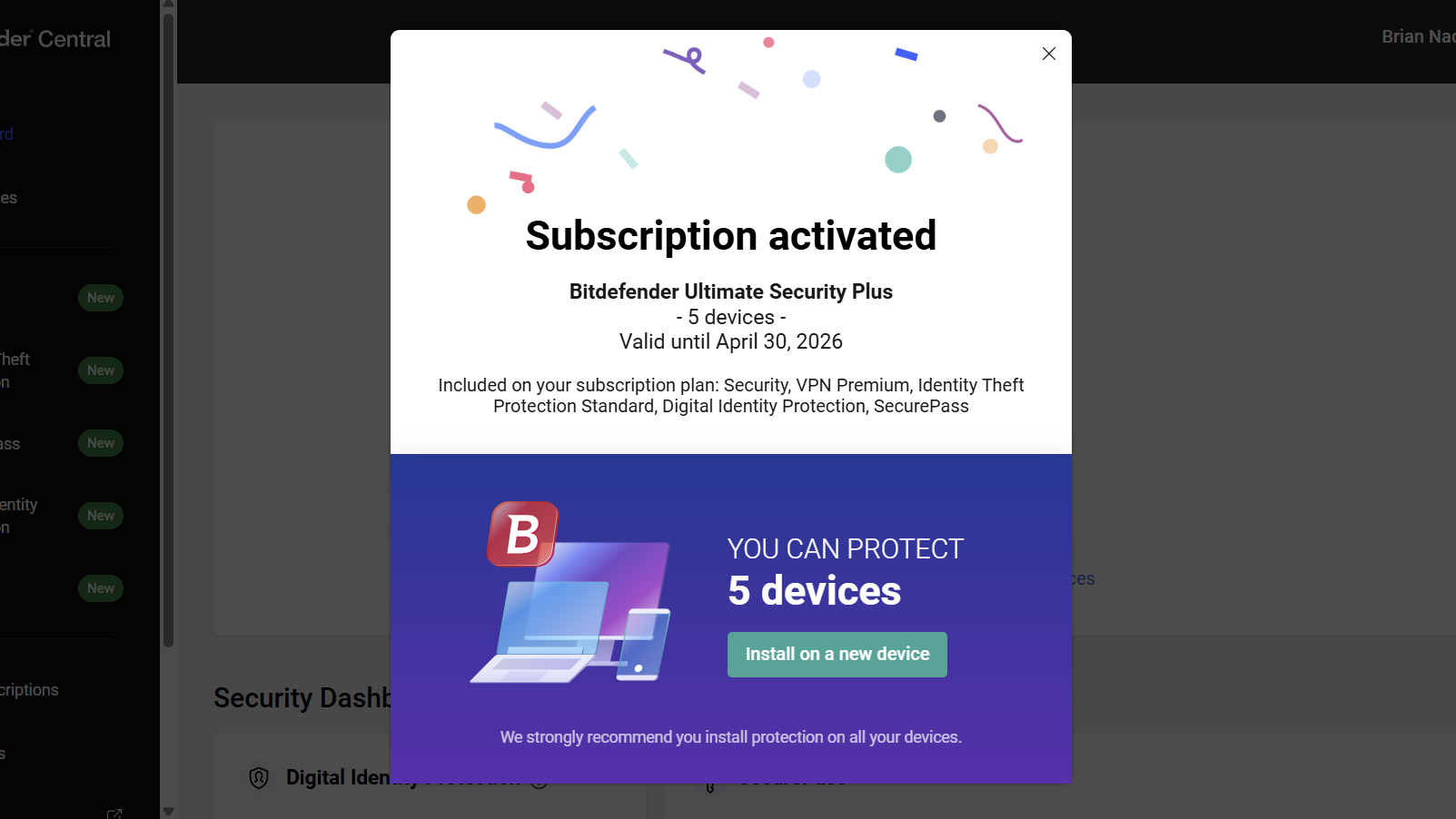 Screenshot of the Bitdefender Ultimate Security Plus Extended web interface