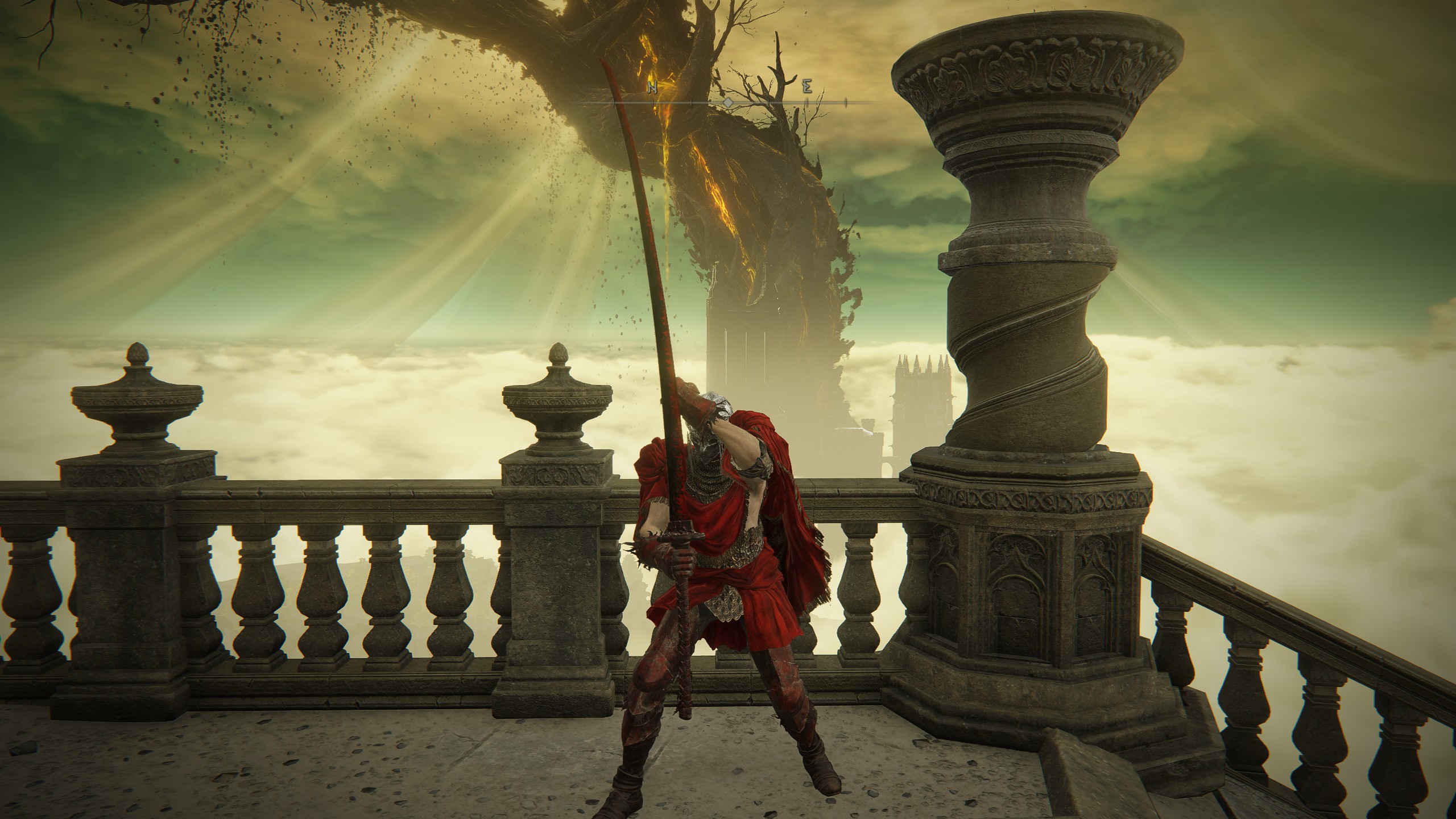 Knight holding up giant katana to block on steps with Scadutree visible in background.