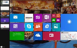 A screenshot of the Windows 8.1 desktop showing an open side panel and the tiled menu interface