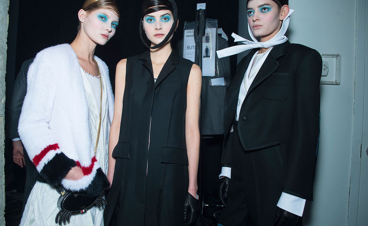 Female models wearing black and white clothes from the Thom Browne AW 2016 collection