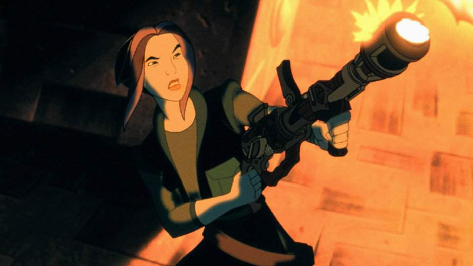 a tall cartoon woman firing a huge laser weapon